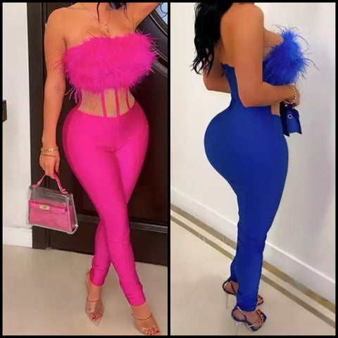 Women Sexy Feather Strapless Fashion Jumpsuit