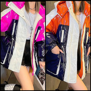 Women Puff Color Patchwork Hooded Warm Jacket