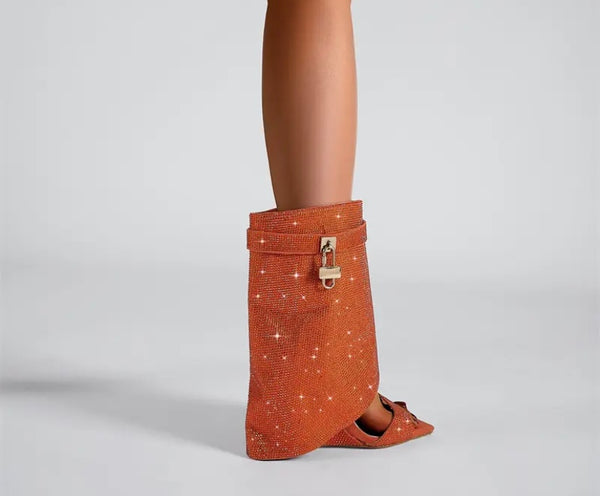 Women Bling Lock Open Toe Wedge Ankle Boots