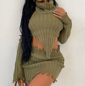 Women Sexy Fashion Turtleneck Crop Two Piece Skirt Set