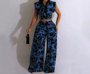 Women Fashion Short Sleeve Printed Crop Two Piece Wide Leg Pant Set