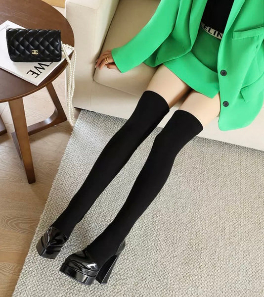 Women Fashion Black Stretch PU Over The Knee Boots