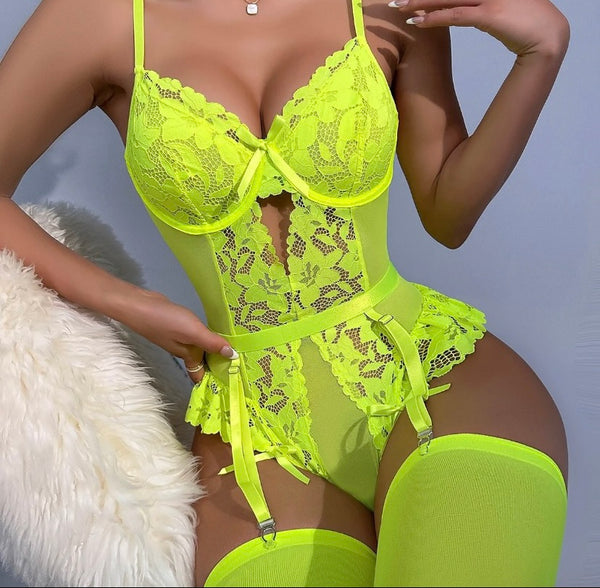 Women Sexy Mesh Lace Ruffled Bodysuit Lingerie