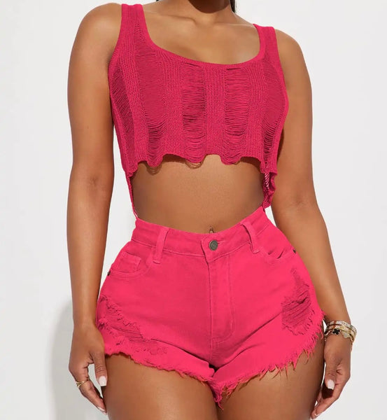 Women Color Ripped Fashion Mini Shorts