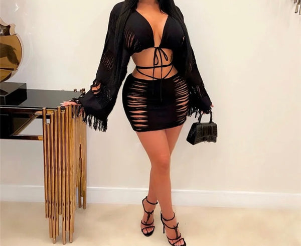 Women Sexy Ripped Full Sleeve Crop Two Piece Skirt Set