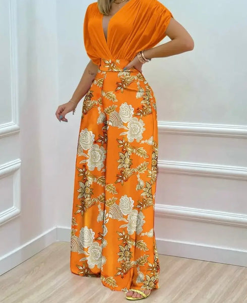 Women Short Sleeve Two Piece Printed Wide Leg Pant Set