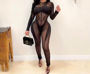 Women Sexy Mesh Patchwork Long Sleeve Fashion Jumpsuit