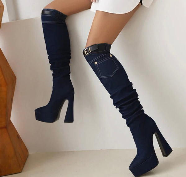 Women Fashion Buckled Denim Platform Pocket Knee High Boots