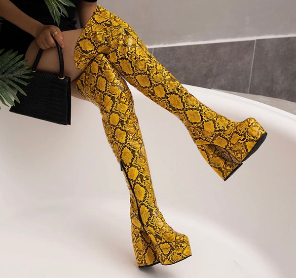 Women Fashion Animal Print Platform Over The Knee Boots