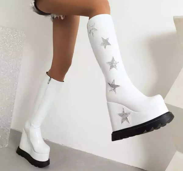 Women Patent Leather Star Thick Platform Knee-High Boots