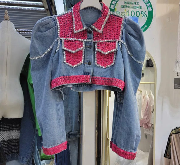 Women Fashion Sequins Patchwork Denim Crop Jacket