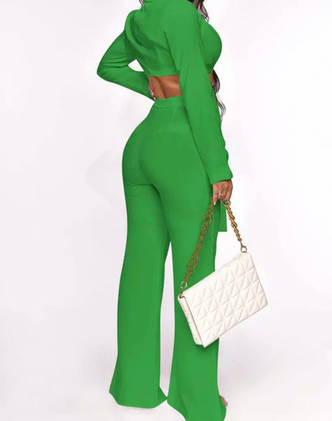 Women Sexy Tie Up Full Sleeve Crop Two Piece Pant Set