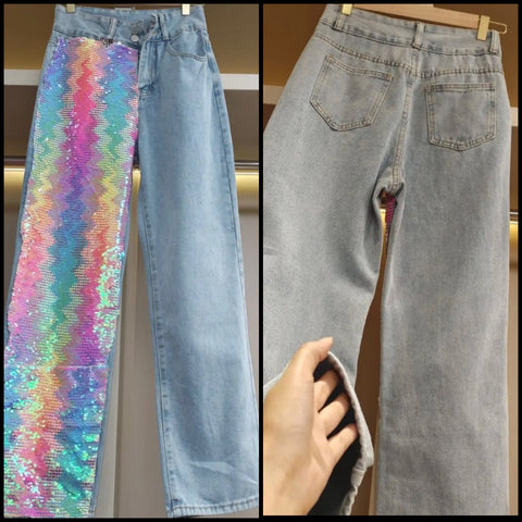 Women Fashion Rainbow Sequins Patchwork Denim Pants