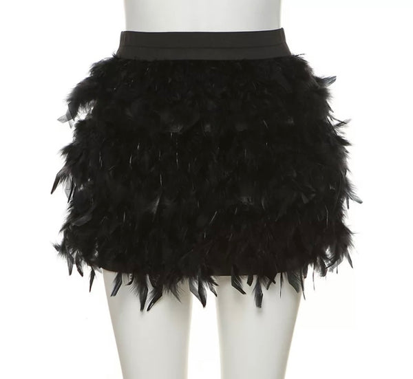 Women Sexy Strapless Black Feather Two Piece Skirt Set