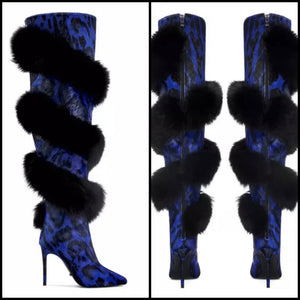 Women Fashion Blue Animal Print Faux Fur Knee High Boots