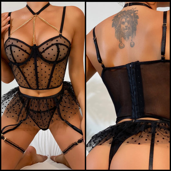 Women Sexy Black Dot Chain Ruffled Lingerie Set