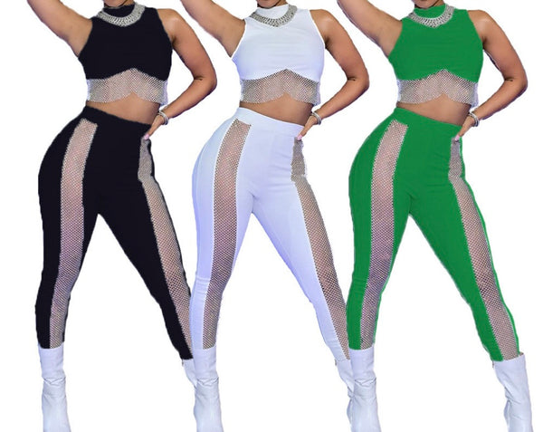 Women Sexy women Mesh Bling Patchwork Tassel Two Piece Pant Set