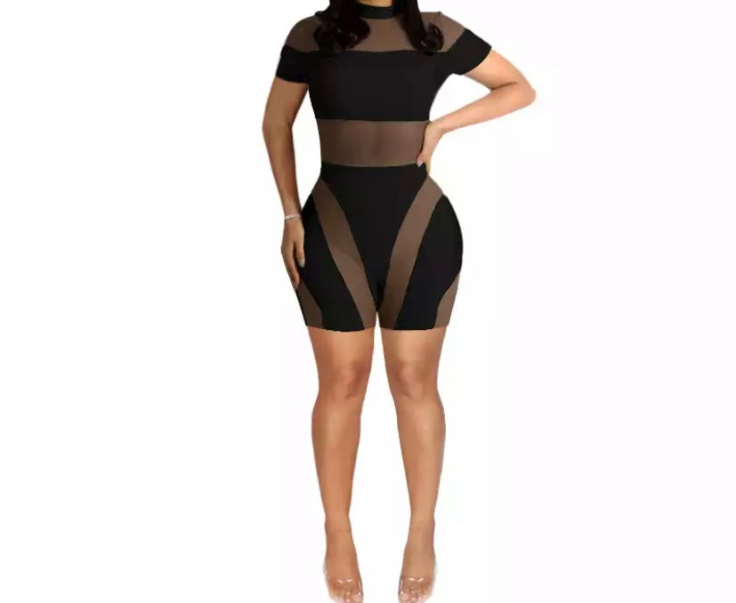 Women Sexy Short Sleeve Mesh Patchwork Romper