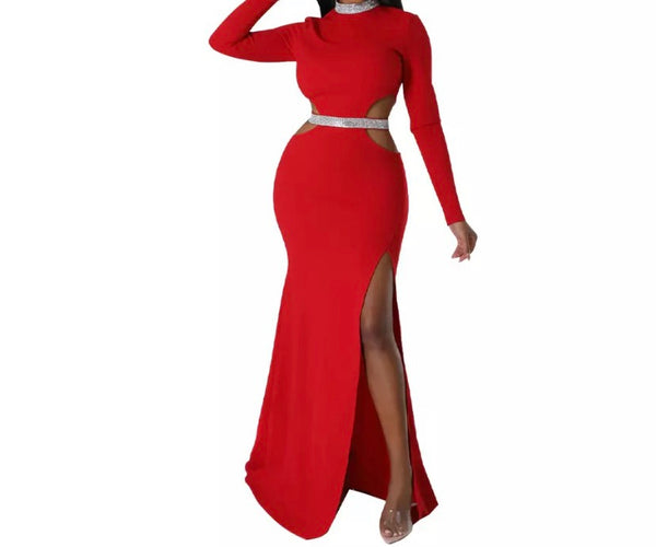 Women Sexy Bling Patchwork Full Sleeve Cut Out Maxi Dress