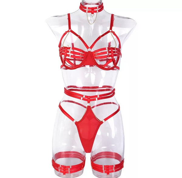 Women Sexy Red Chain Lingerie Set