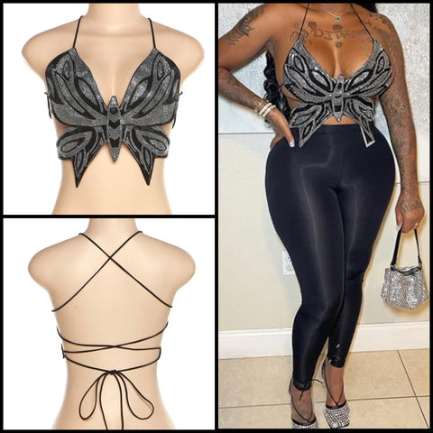 Women Sexy Fashion Sleeveless Lace Up Back Bling Butterfly Crop Top