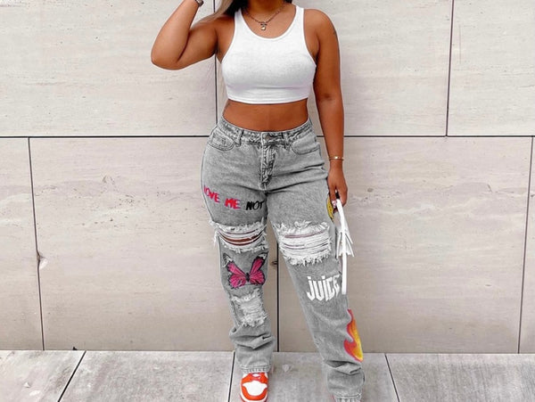 Women Fashion Ripped Print Denim Pants