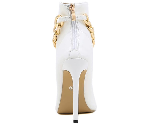 Women White Chain Fashion High Heel Ankle Boots