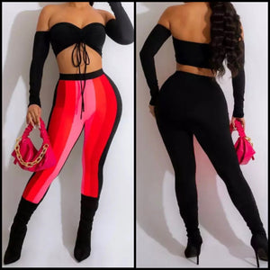 Women Off The Shoulder Full Sleeve Crop Two Piece Striped Pant Set