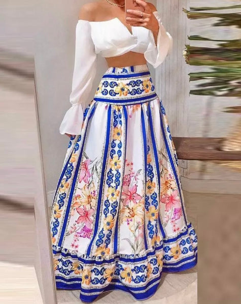 Women Sexy Off The Shoulder Full Sleeve Crop Two Piece Floral Maxi Skirt Set