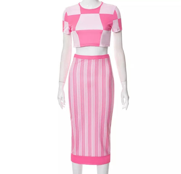 Women Short Sleeve Crop Color Patchwork Two Piece Maxi Skirt Set