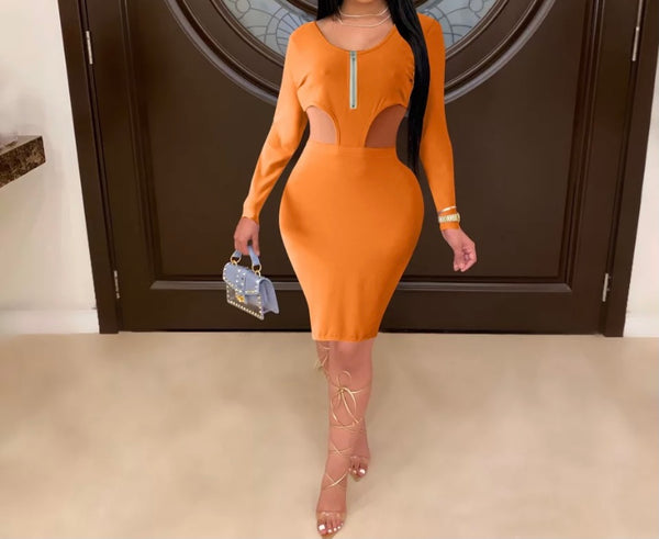 Women Sexy Solid Color Long Sleeve Cut Out Dress
