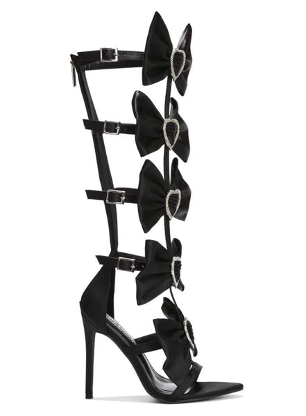 Women Fashion Rhinestone Heart Bow Lace Up Sandals
