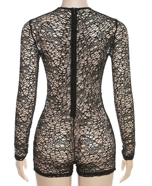 Women Sexy Black See Through Full Sleeve Romper