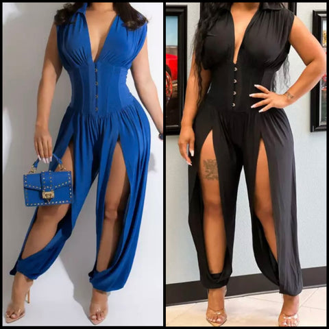 Women Solid Color Fashion High Split Jumpsuit