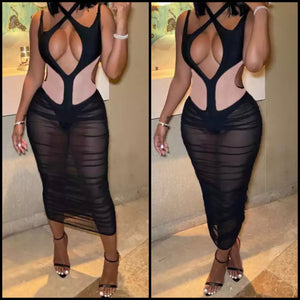 Women Sexy Cross Halter Cut Out Mesh Maxi Dress