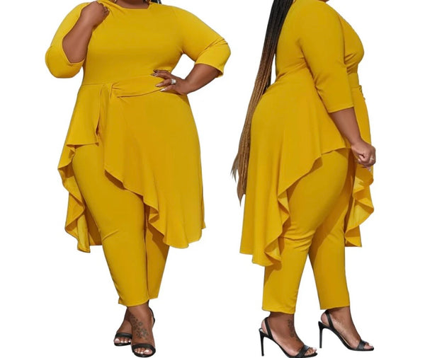 Women Yellow Sexy Asymmetrical Full Sleeve Two Piece Pant Set