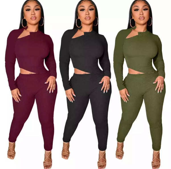 Women Solid Color Fashion Two Piece Pant Set