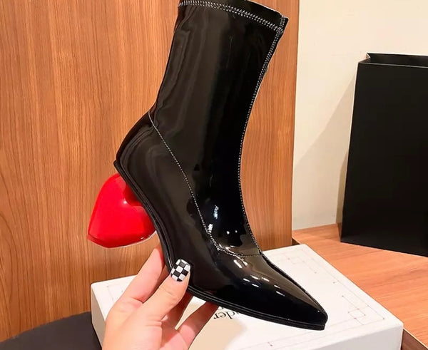 Women Fashion Patent Leather Heart Heel Ankle Boots