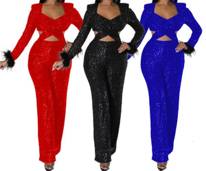 Women Sexy Sequins Cut Out Full Feather Sleeve Jumpsuit
