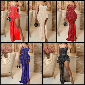 Women Sleeveless Sexy Side High Split Mesh Bling Maxi Dress