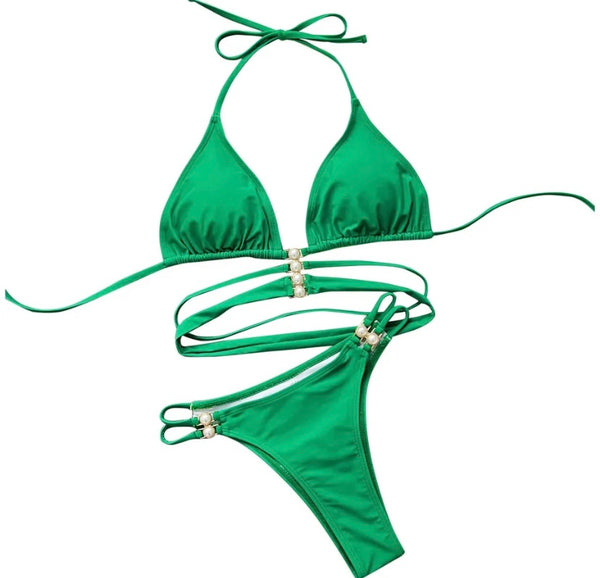 Women Green Sexy Pearl Bikini Swimsuit
