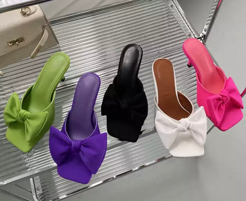 Women Color Fashion Bow Small Heel Slide On Sandals