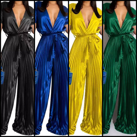 Women Sexy Short Sleeve Pleated Wide Leg Jumpsuit