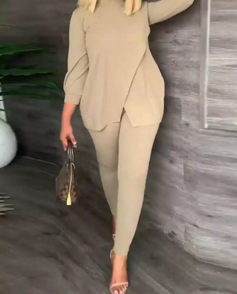 Women Fashion Solid Color Full Sleeve Two Piece Pant Set