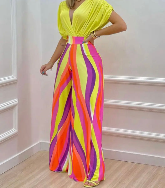 Women Short Sleeve Two Piece Printed Wide Leg Pant Set