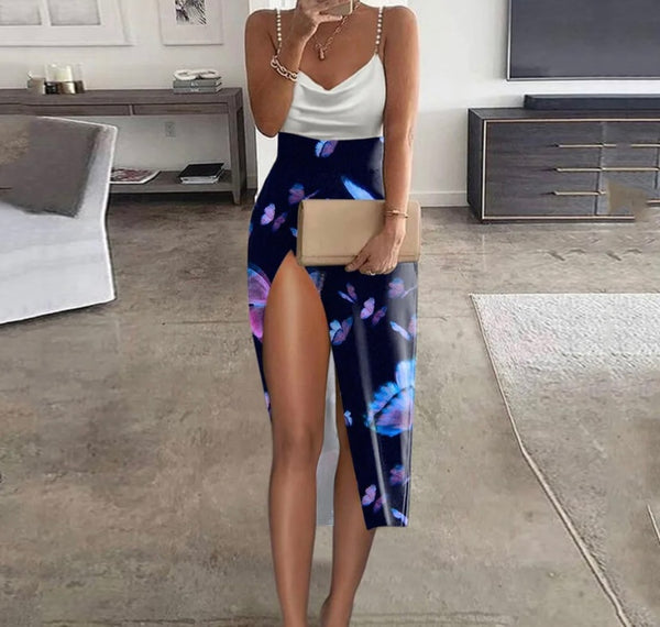 Women Sexy Sleeveless Printed High Side Slit Dress