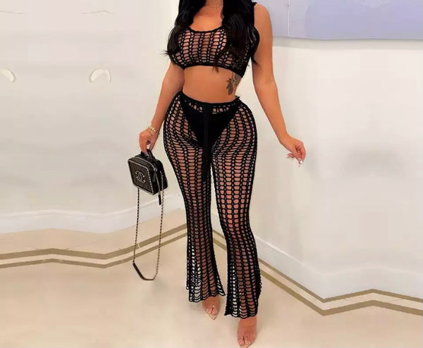 Women Sexy Sleeveless Knitted Two Piece Beachwear Pant Set