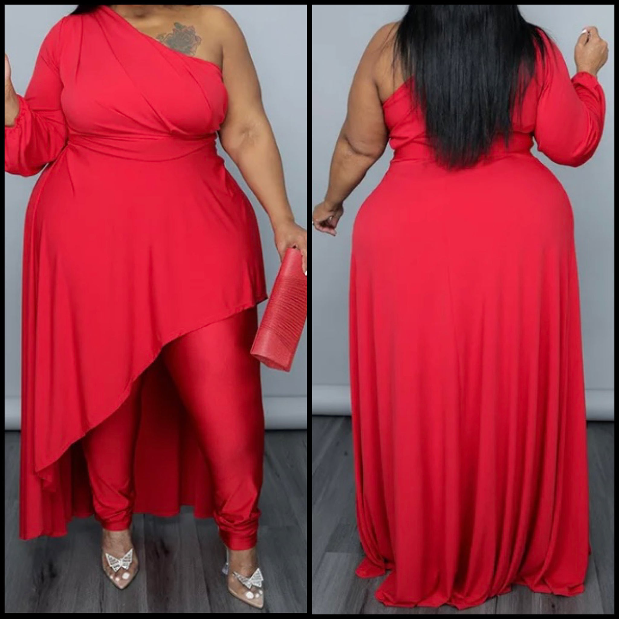 Women Sexy One Shoulder Asymmetrical Red Two Piece Pant Set