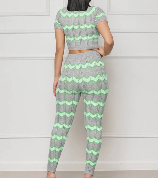 Women Fashion Color Patchwork Short Sleeve Two Piece Pant Set