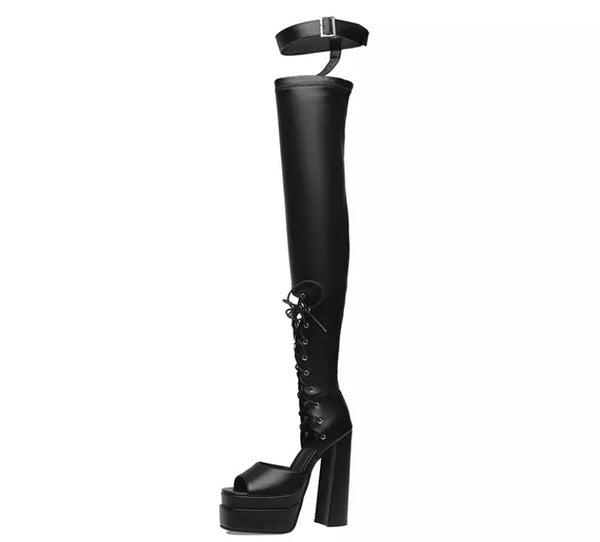 Women Fashion PU Leather Thigh High Buckled Lace Up Open Toe Boots